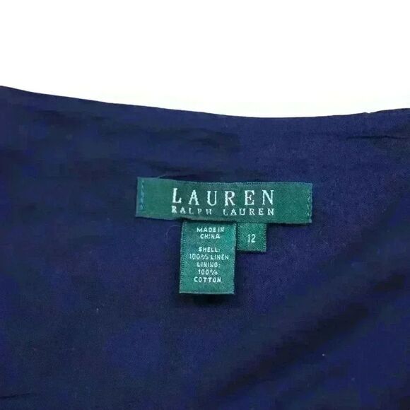 VINTAGE Ralph Lauren Navy Blue Linen Trumpet Skirt White Ribbon Hem Size 12 - Picture 4 of 6